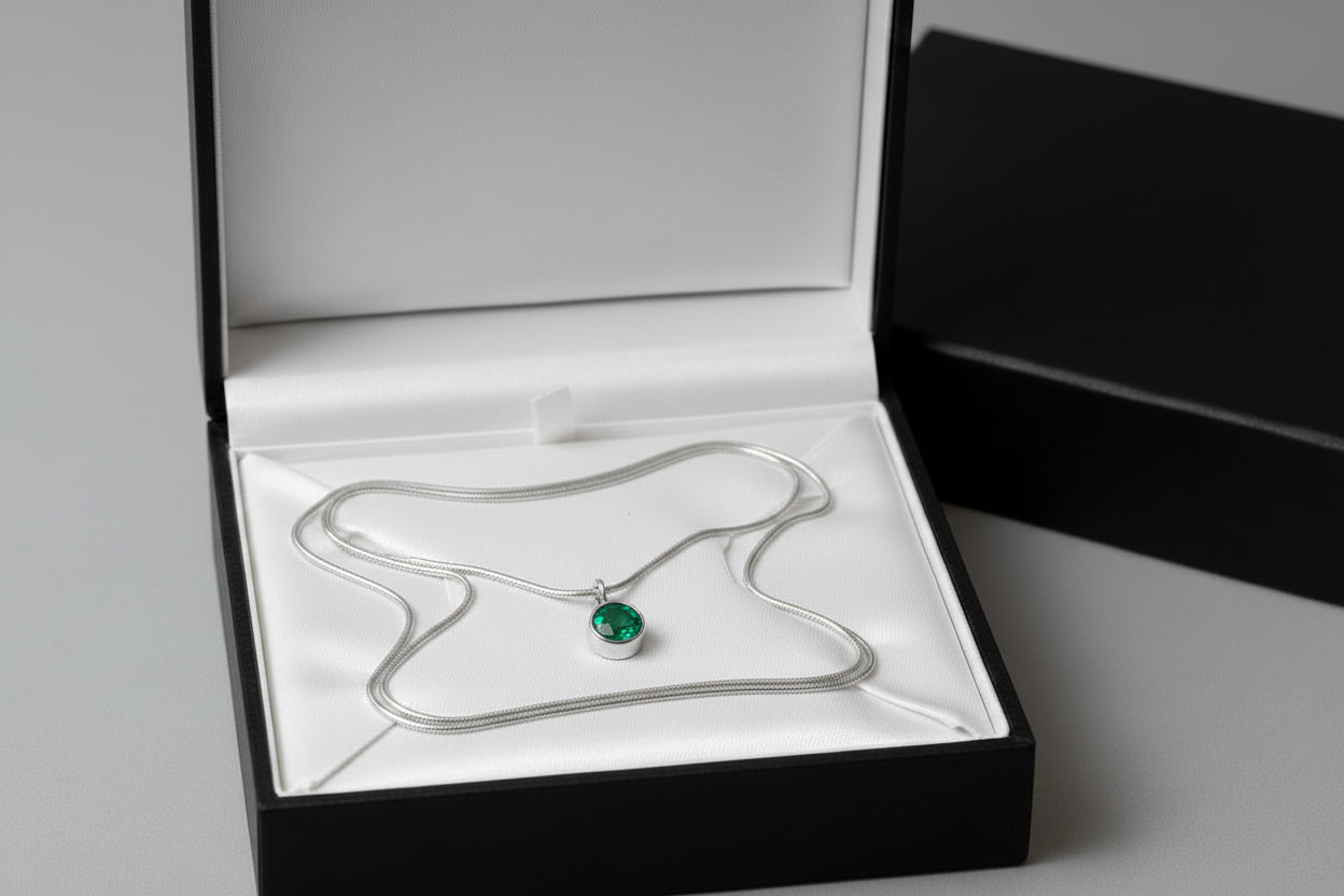 Silver necklace with a green birthstone pendant in a gift box