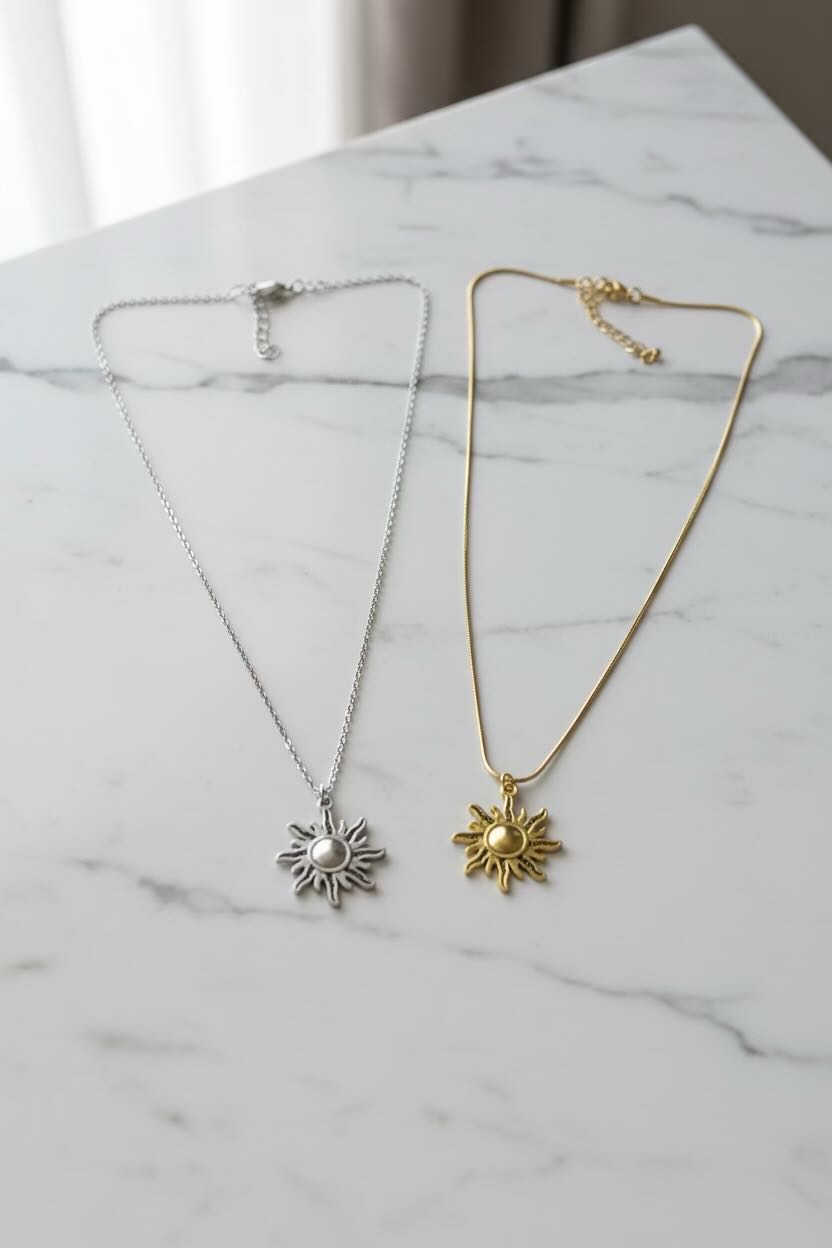 Two delicate necklace chains laid flat on a white marble surface, one silver-toned with a sunburst pendant and one gold-toned with a sunburst pendant, each featuring a small round bead at the center of the pendant.