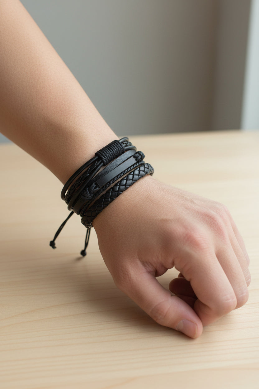 Three black braided leather bracelets on a white mannequin arm against a beige background