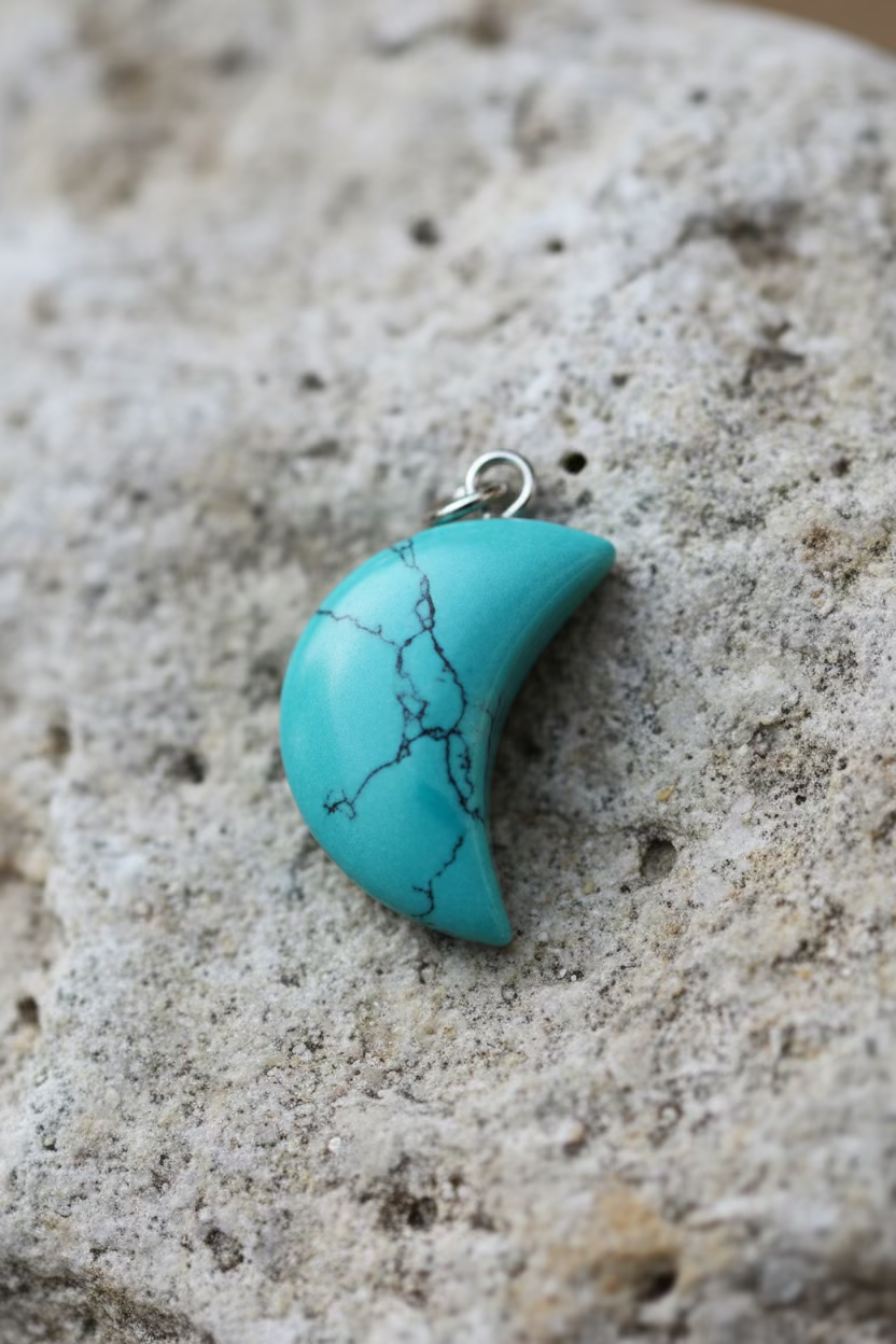 Turquoise crescent moon pendant on a light gray background