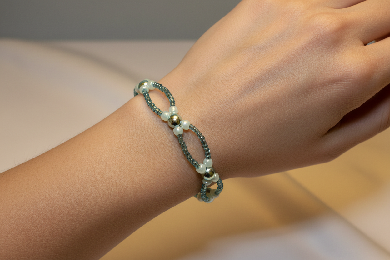 Handmade elasticated double strand bracelet in turqoiuse metal pearl by Majestic Gems by Sarah