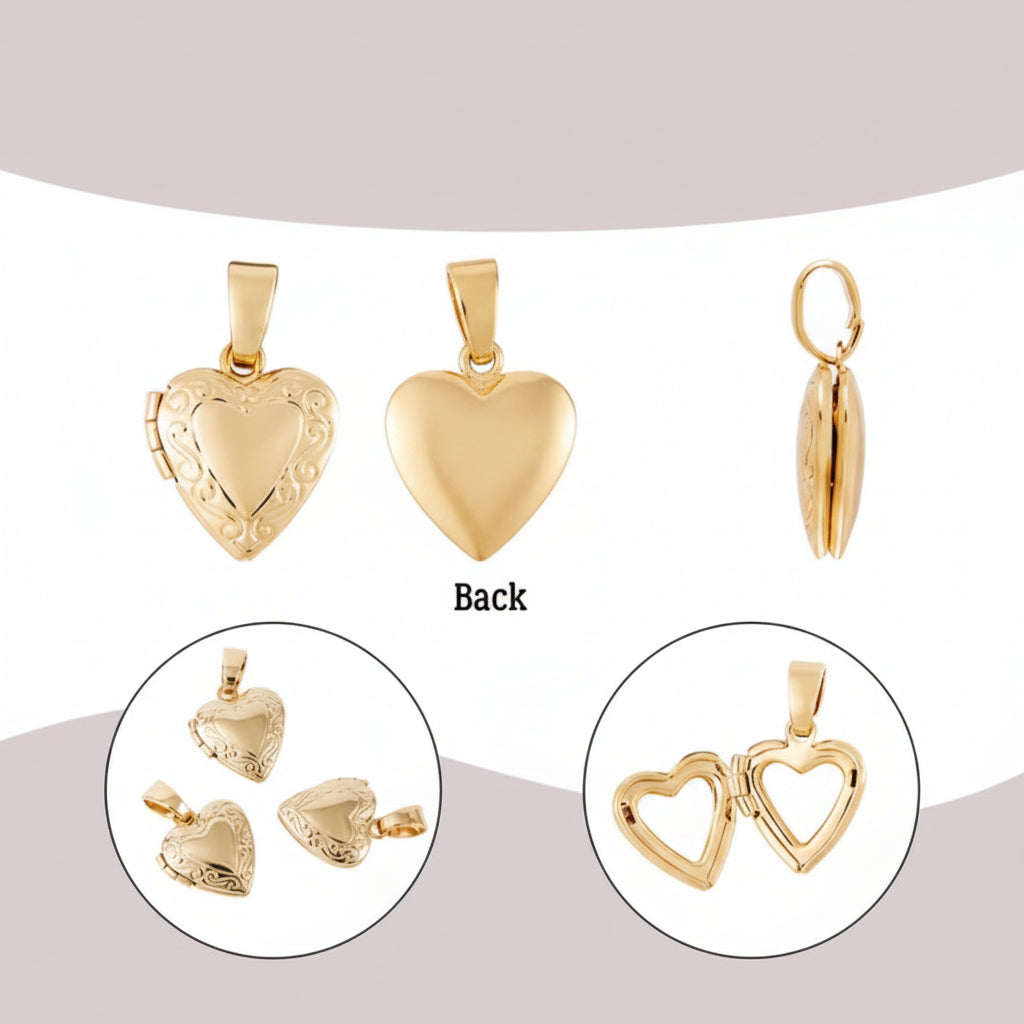 Gold brass heart-shaped lockets open and shut view with  on a gray background