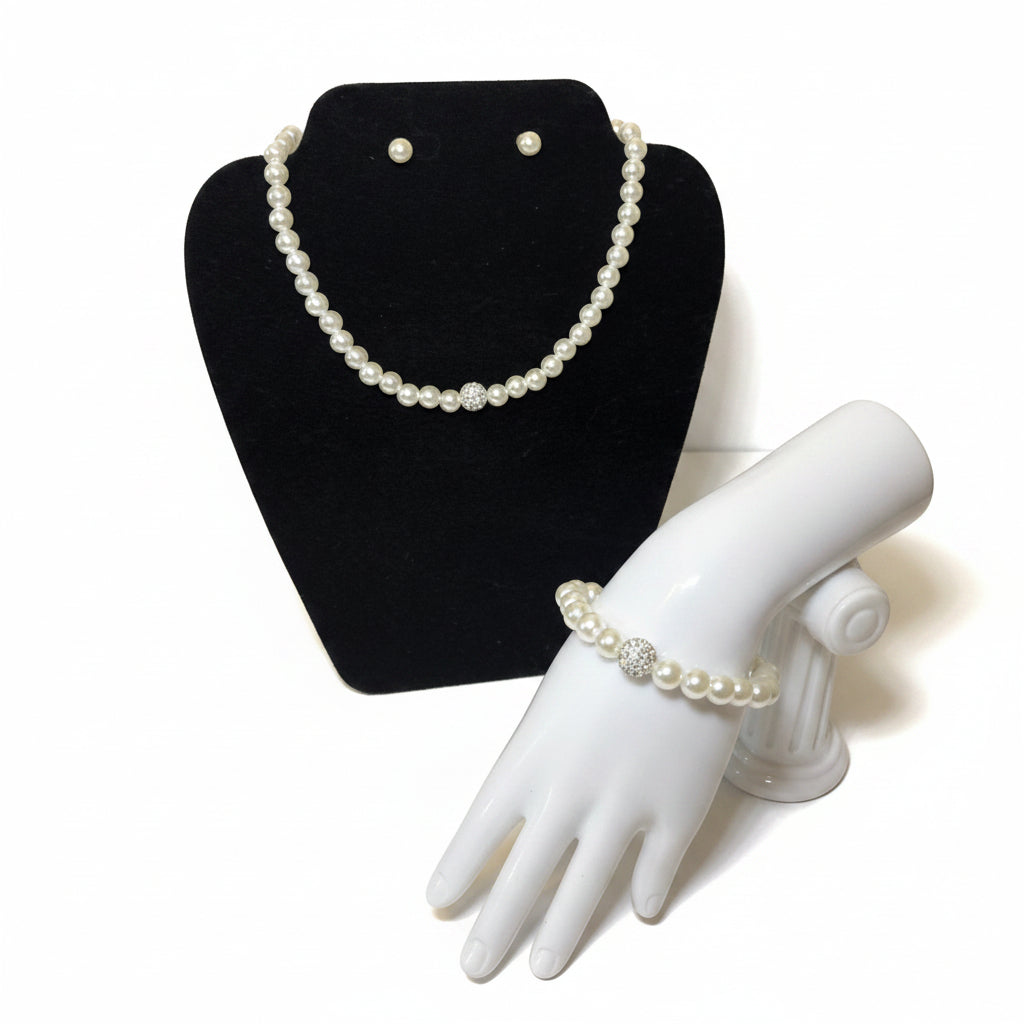 White pearl necklace, bracelet, earring set