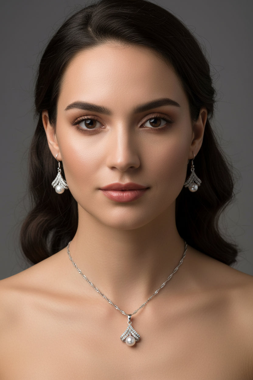 Silver necklace and earrings on a model