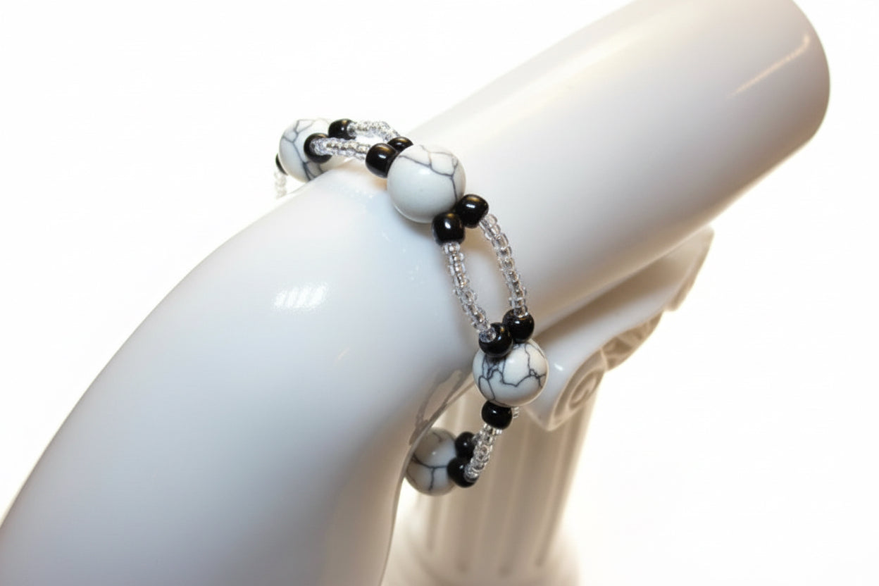 Handmade elasticated double strand bracelet in white/black marbled stone by Majestic Gems by Sarah