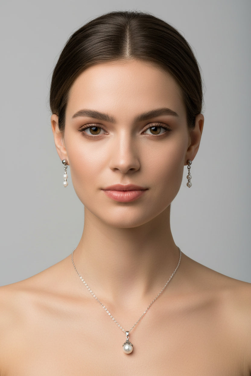 Jewelry set with necklace and earrings on a model