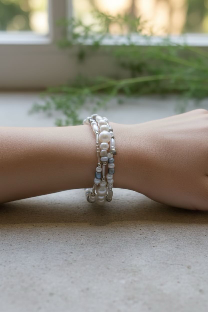 Close-up of a wrist wearing triple pearl bracelets with a blurred natural background