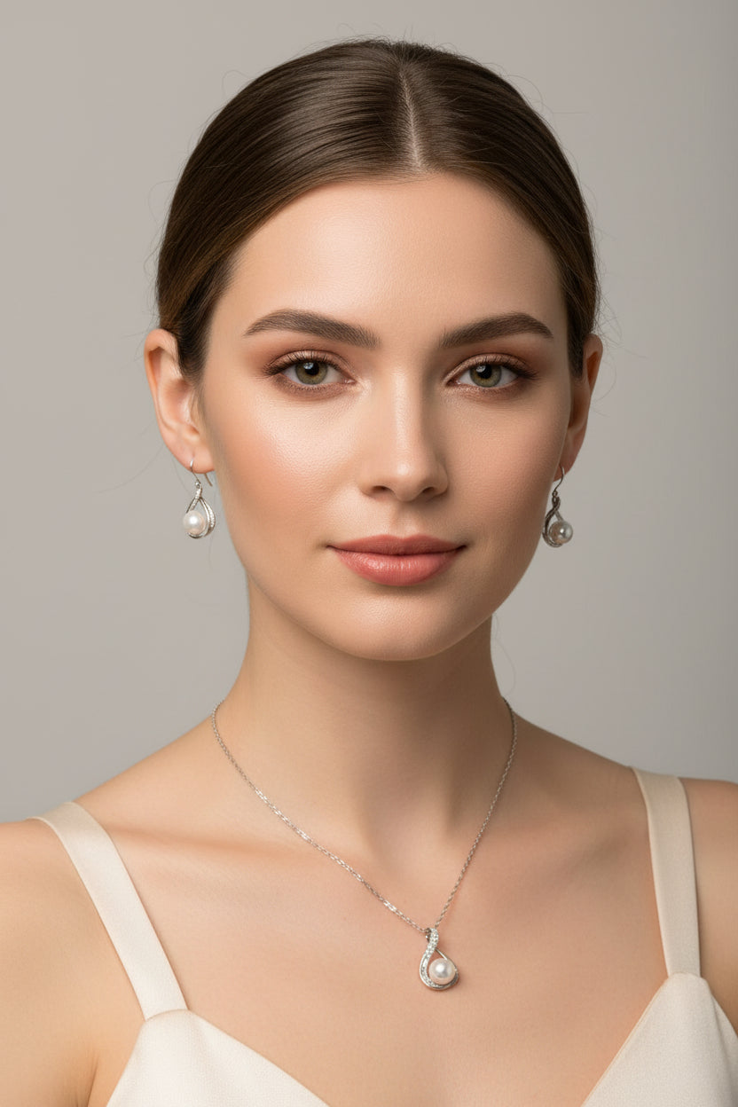 Jewelry set with necklace and earrings on a model