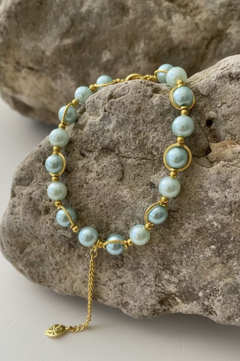A gold chain bracelet with aqua blue round glass pearls and gold spacer rings, draped over a textured gray rock.