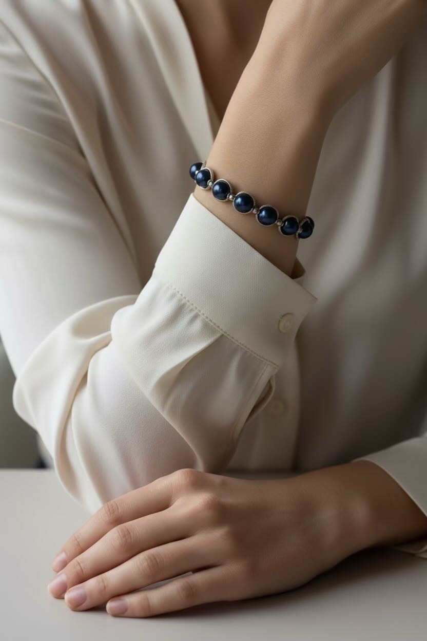 A close-up of a person wearing a dark royal blue glass pearls bracelet on their wrist, dressed in a cream-colored blouse.