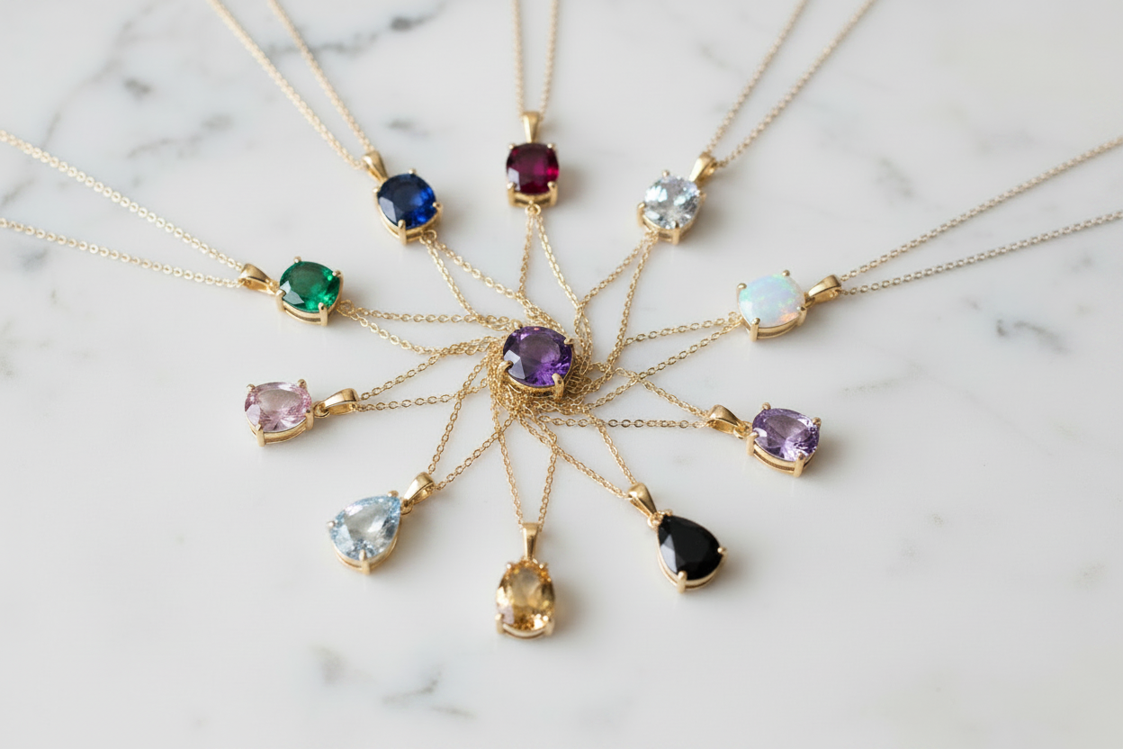 A set of gold necklaces with multiple colorful gemstone pendants arranged in a radial pattern on a white marble background.