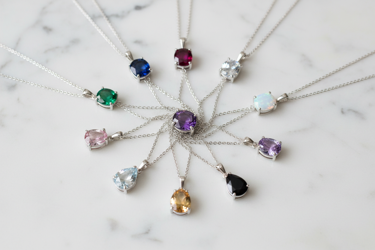 Necklaces with various gemstones on a marble surface
