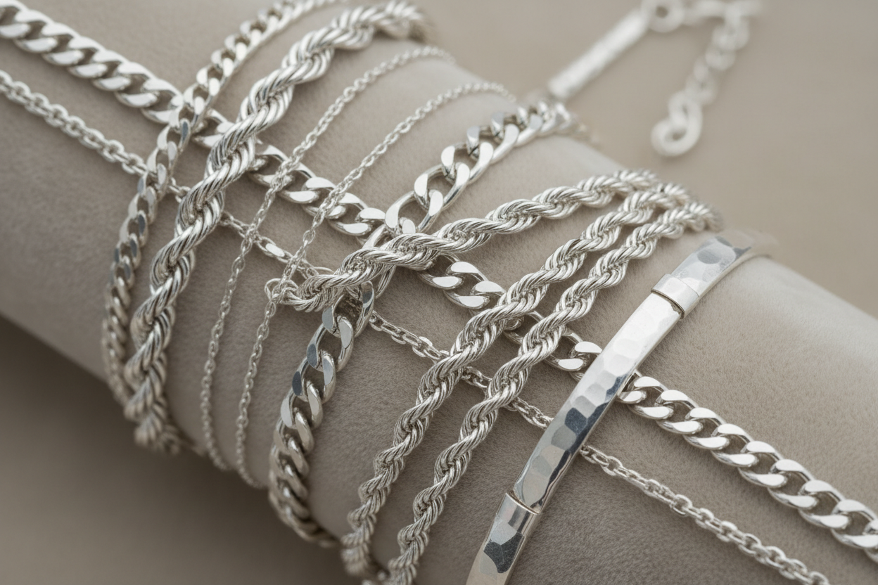 Collection of silver chains on a neutral background