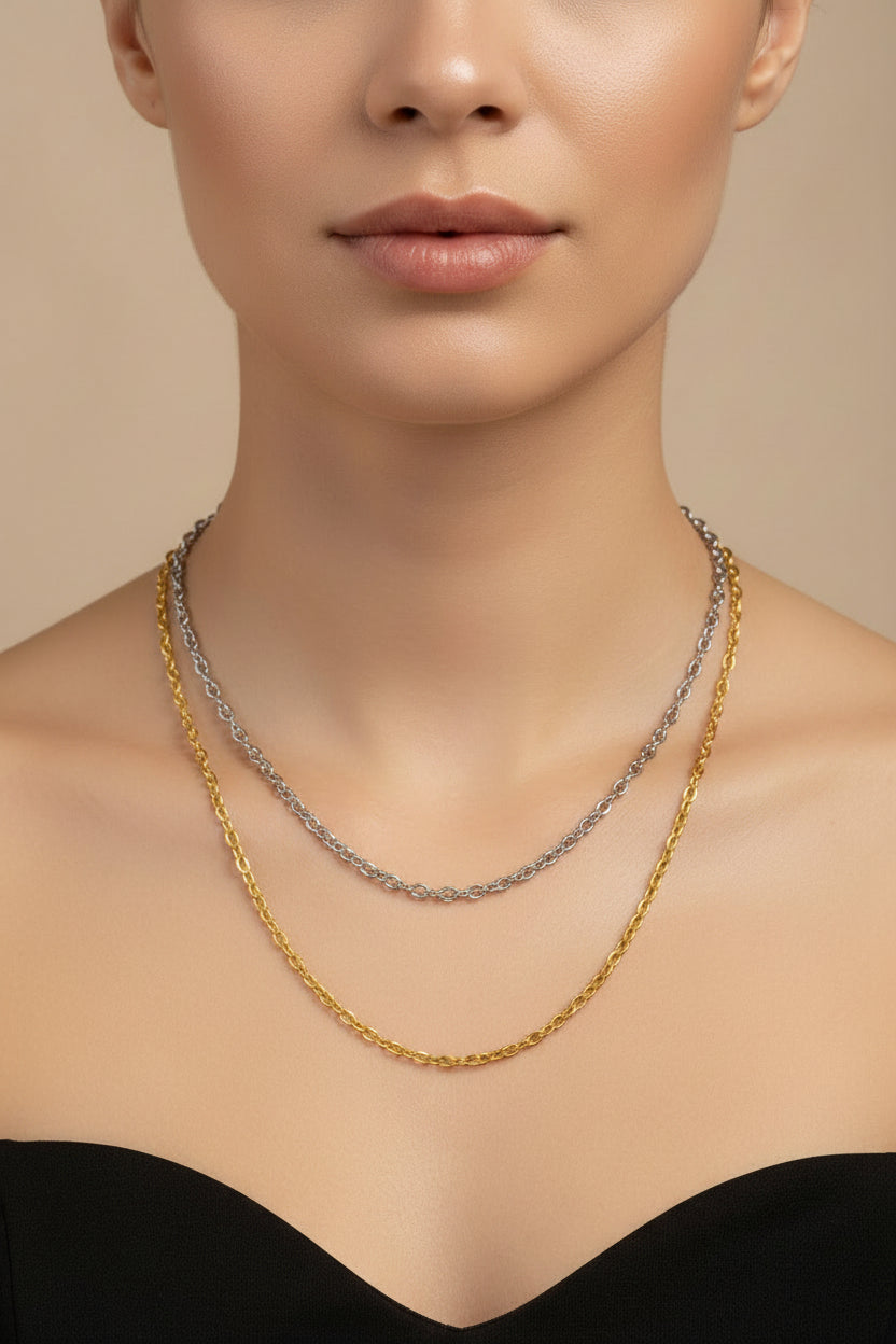 double photo of gold and silver necklaces on a model