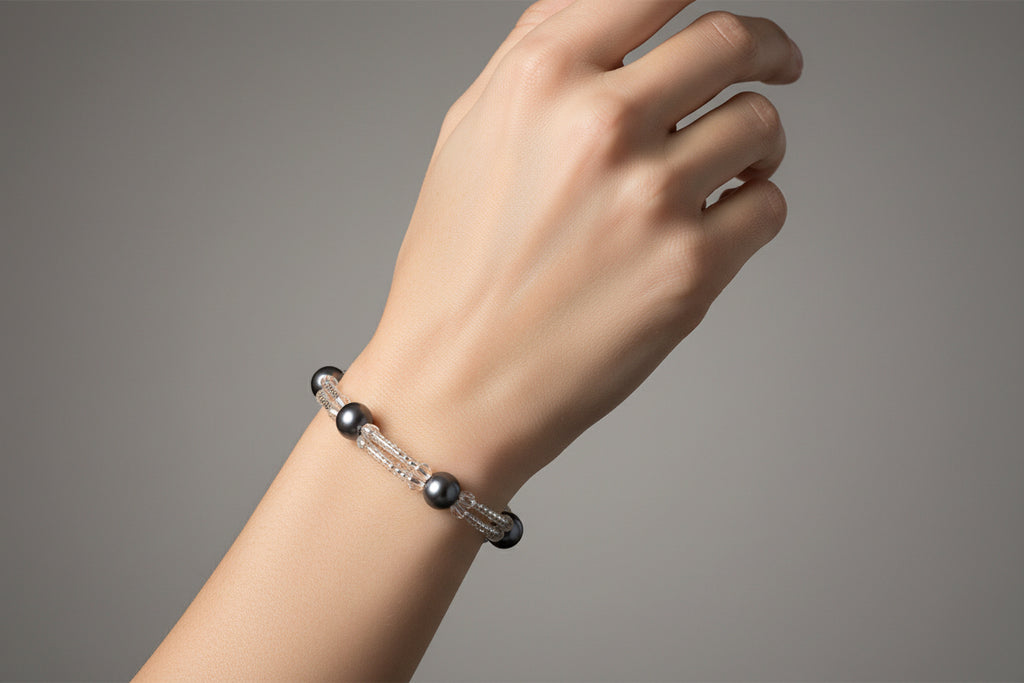 Handmade elasticated double strand bracelet in dark grey by Majestic Gems by Sarah