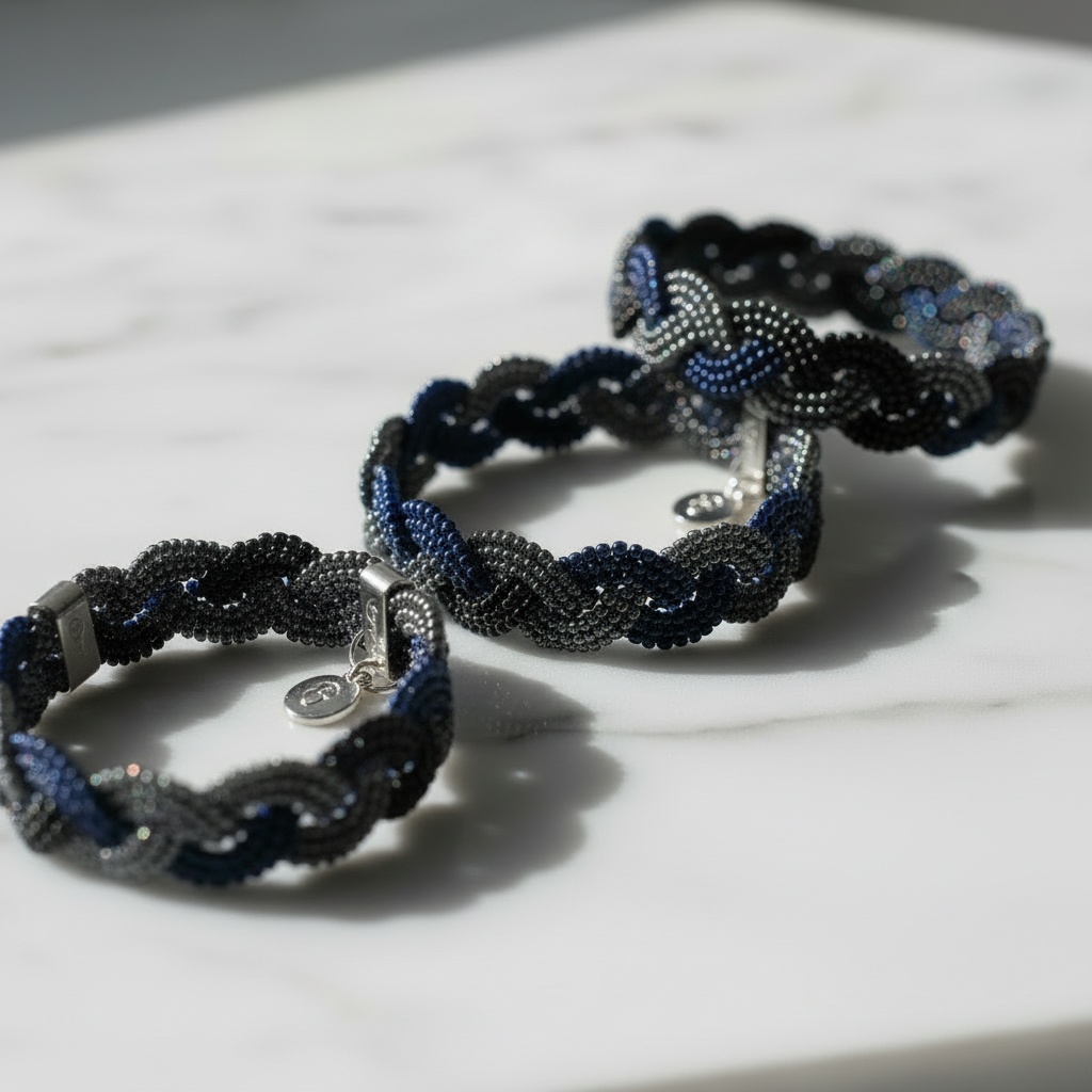 Three braided beaded bracelets on a light surface