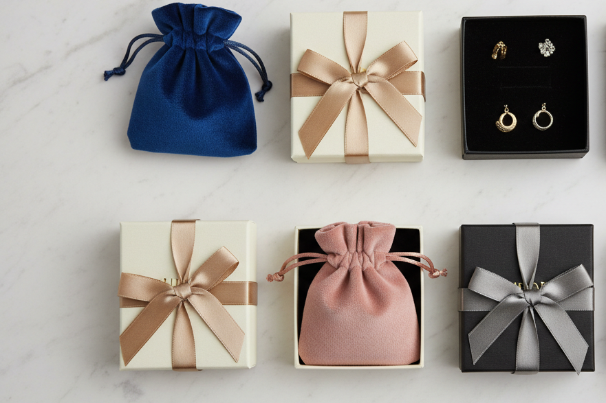 Collection of jewelry packaging including boxes, bags, and a shopping bag with 'Aurora' branding on a light background.