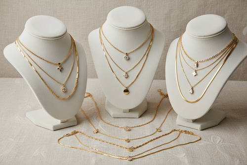 Three mannequin heads displaying gold necklaces on a neutral background