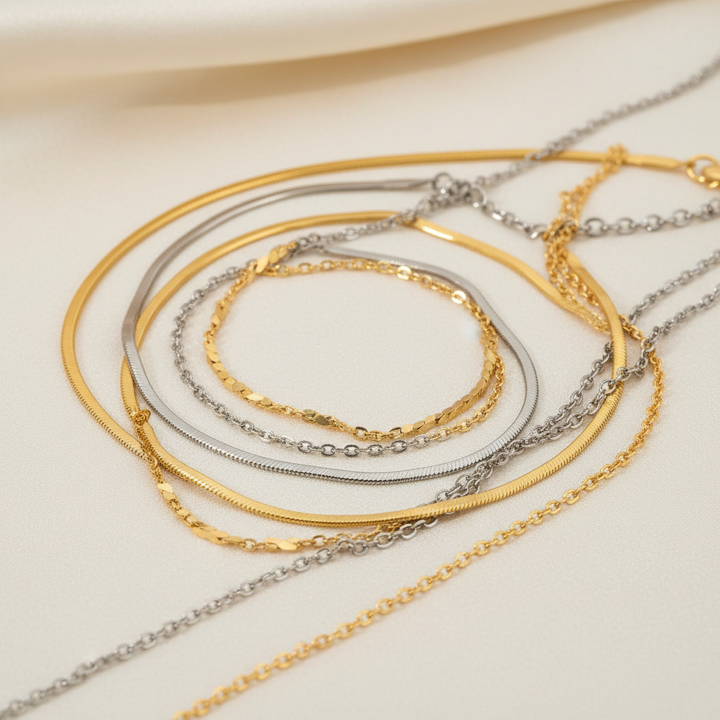 Three gold and silver necklaces on a light beige background
