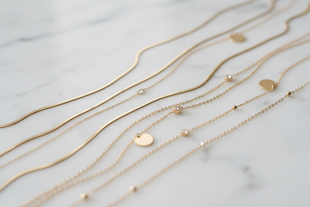 Gold bracelets with various on a marble surface