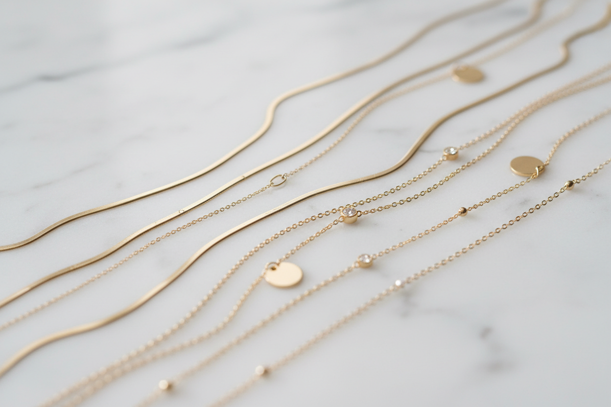 Gold bracelets with various on a marble surface