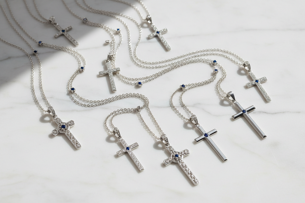 Silver cross necklaces on a white background