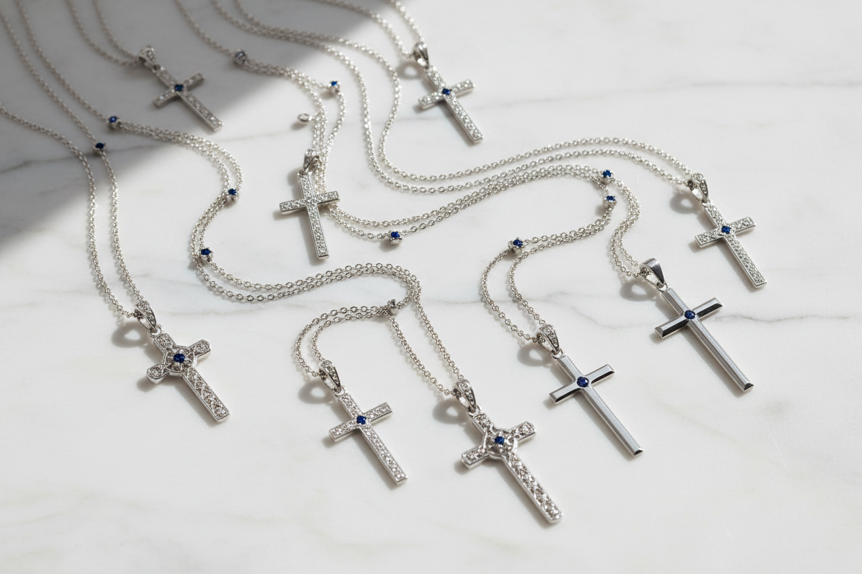 Silver cross necklaces on a white background