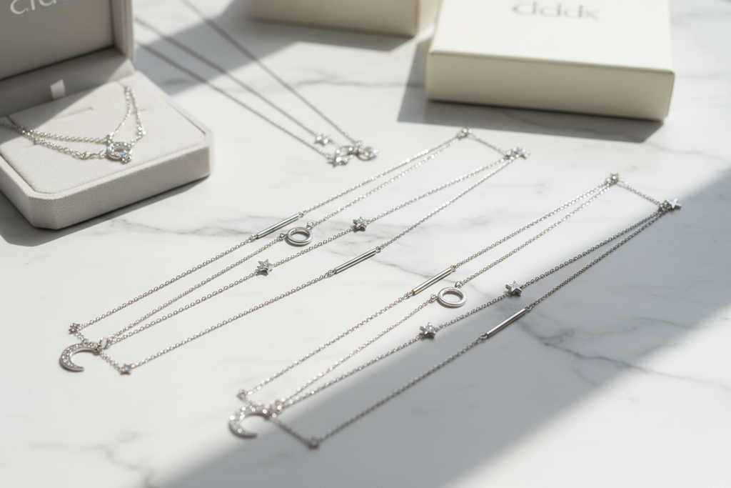 Silver necklaces on a light surface with 'Clarks' branding in the background