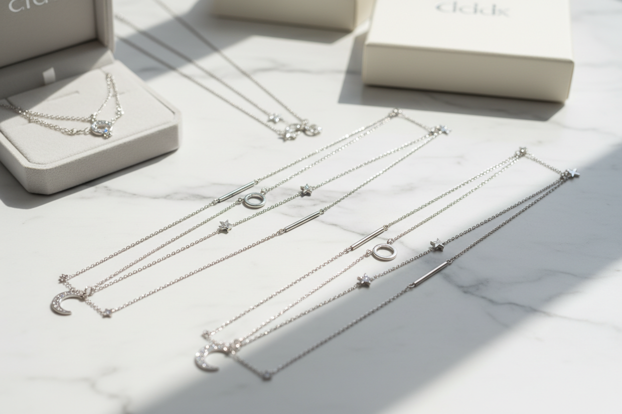 Silver necklaces on a light surface with 'Clarks' branding in the background