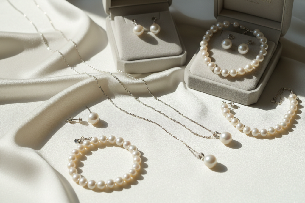 Pearl jewelry set including necklace, bracelet, and earrings on a light fabric background.