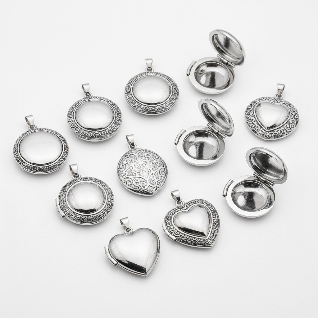 Collection of silver locket pendants on a white background