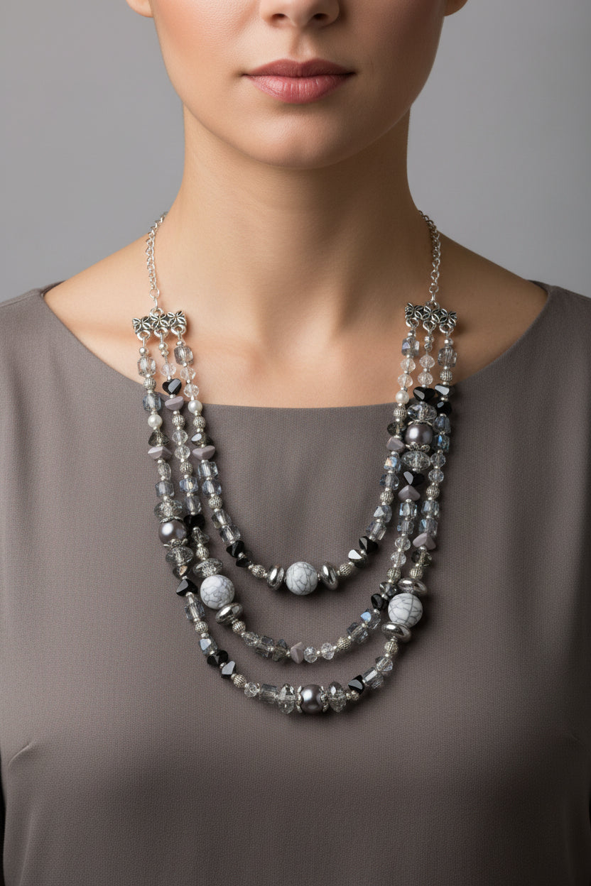 Multistrand beaded necklace on a model