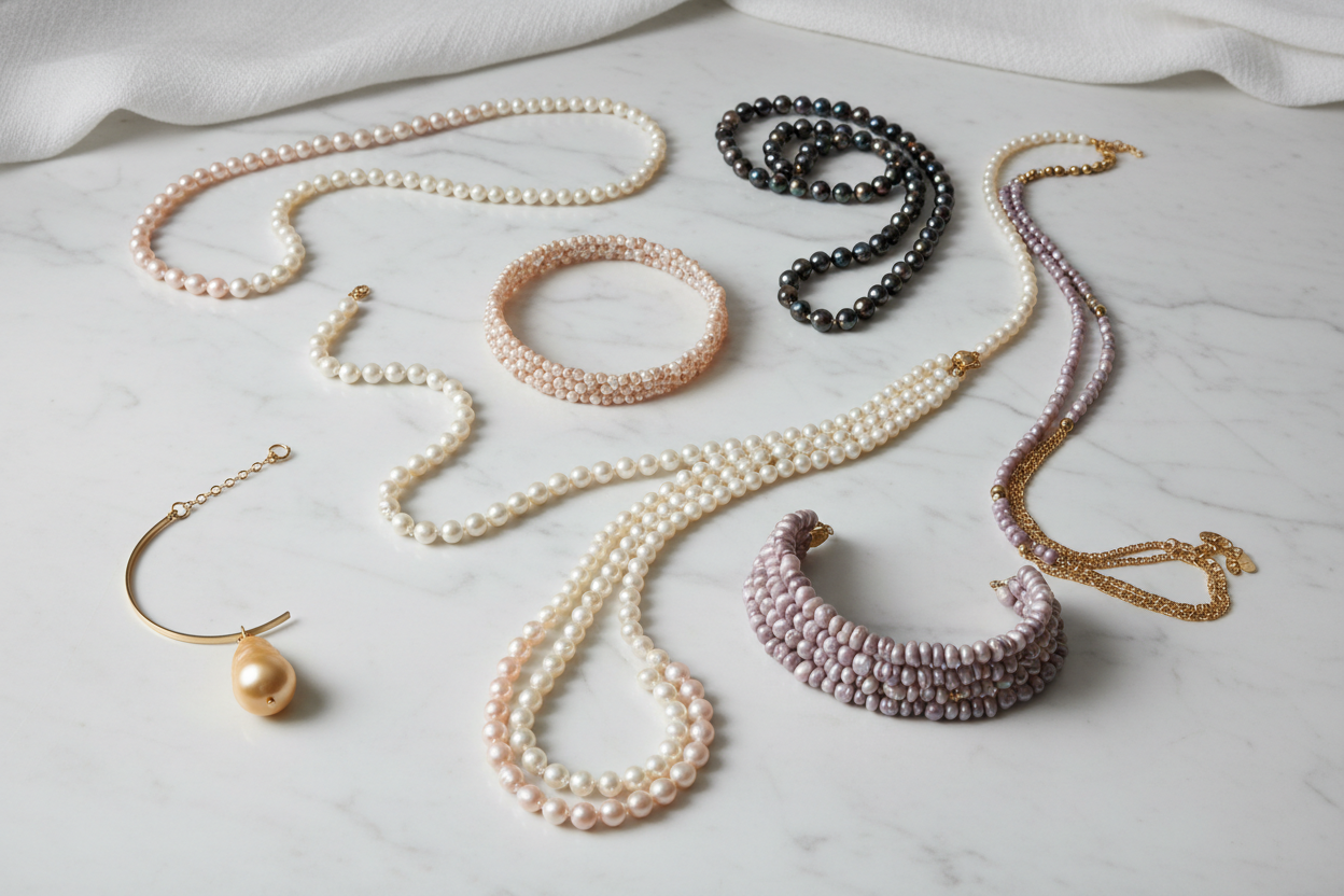 Pearl necklaces and bracelets on a marble surface